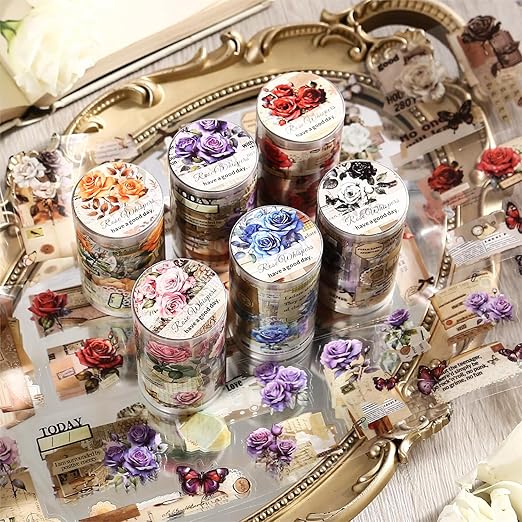 Alideco 6pcs Decorative Adhesive Tapes Fresh Literary Girl Botanical Flower Landscape PET Tape Great for Bullet Journal Supplies, Arts, Scrapbook, DIY Crafts, Planners (meiguixuyu)