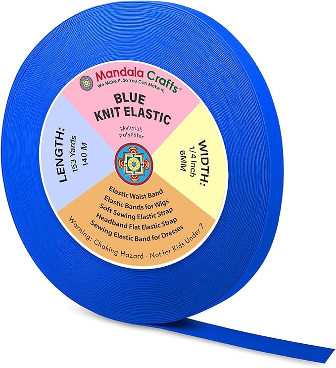 Mandala Crafts Wide 1/4 Inch Blue Elastic Bands Spool for Pants Waistbands Sewing and DIY Crafts, 153 YD Stretchy Flat Fabric Strap Knit Elastic Band for Wig