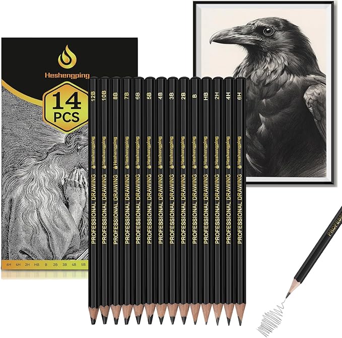 Heshengping Drawing Sketch Pencil Set 14pcs Sketching Pencils 12B 10B 8B 7B 6B 5B 4B 3B 2B B HB 2H 4H 6H Graphite Pencils for Kid Adults Artists Student Beginners Professional