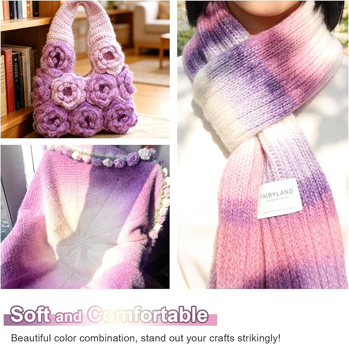 Aeelike Cake Yarn for Crocheting, 6 Skeins Gradient Yarn Fairyland Yarns100g (3.52 oz) 245m (267 Yards) # 3 Light Weight, Super Soft Ombré Yarns Making Colorful Blanket Scarves Hat, Purple Gradient