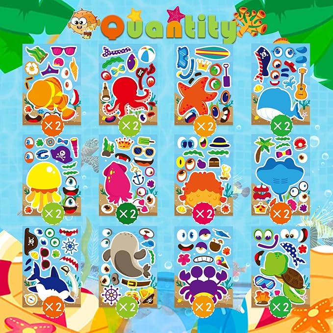 24 Sheets Make Your Own Sea Animals Stickers for Kids Toddlers, Make a Face Stickers Mix and Match Stickers, Ocean Animals Stickers for Kids Party Favors Activities