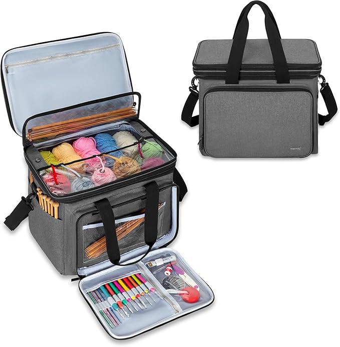 Teamoy Knitting Bag With Divider and Cover, Portable Yarn Storage Organizer for Crochet Accessories and Knitting Needles,Ideal for Knitting Enthusiasts, Gray