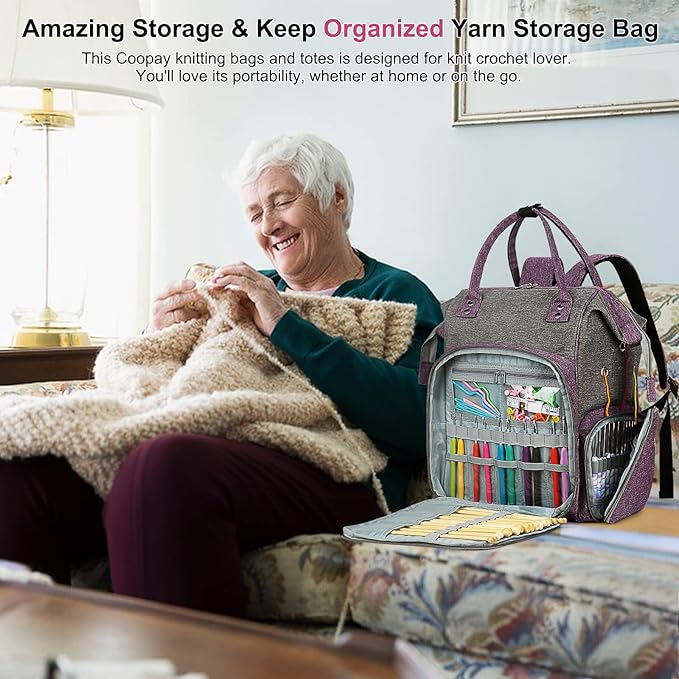 Coopay Knitting & Crochet Bag - Large Yarn Storage Backpack, Portable Organizer for Knitting Needles, Crochet Hooks & Supplies