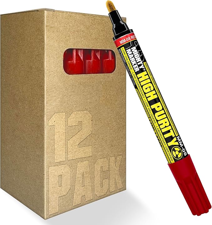 High Purity MM-08 Dual Tip Marker, 13ml Lab-Tested Paint, Dual Cone/Chisel Tip, Low Corrosive, Low Halogen & Chloride, Certificate & Lab Analysis Included, Made in USA - Red 12 Pack