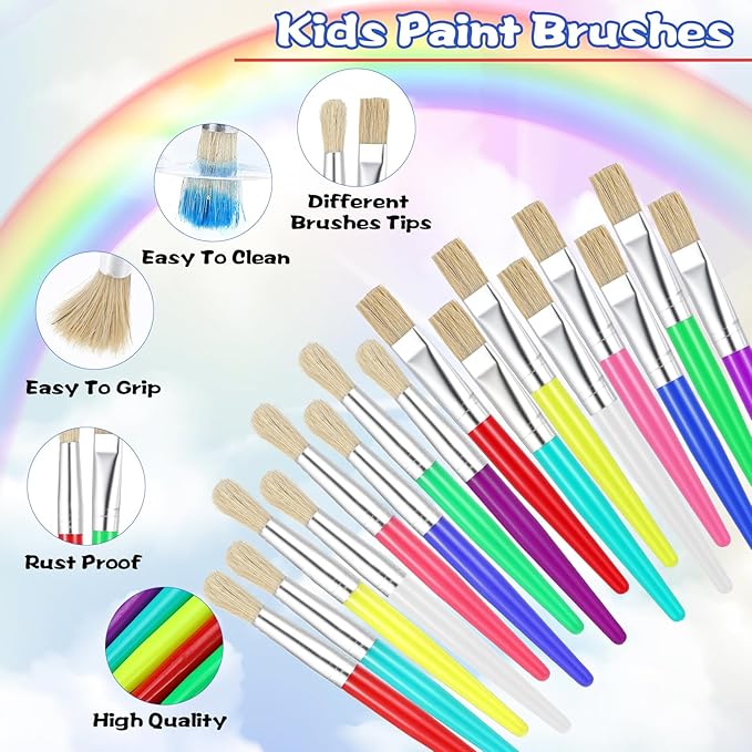 64 Pcs Paint Brushes Sets for Kids Toddler Art Supplies Large Chubby Round and Flat Brush for School Washable Acrylic Oil Paint