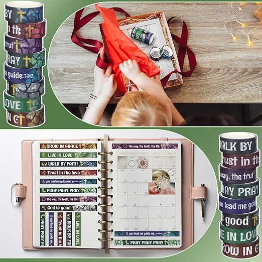 Janlaugh 24 Rolls Christian Washi Tape Gifts Bulk Religious Inspirational Scripture Supplies Cross Bible Verse Washi Tape for Bible Journaling Study Crafting New Year DIY Gifts