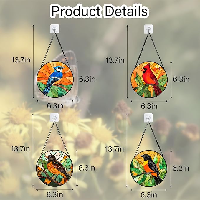 Stained Glass Window Hanging 4 Pcs Set Birds 6.3" - Cardinal Blue Jay Suncatcher Door Garden Sun Catcher Decor Birthday Christmas for Bird Lovers Mom Woman Nana Men