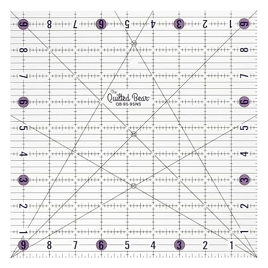 The Quilted Bear Quilting Rulers - Transparent Acrylic Non Slip Quilting, Patchwork & Sewing Ruler with Clear Black Lines & 30, 45 & 60 Degree Angles for Perfect Accuracy & Precision (9.5" x 9.5")