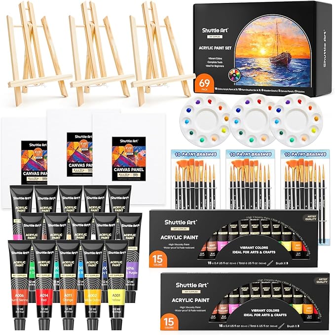 Shuttle Art 69 Pack Acrylic Paint Set, Painting Set with 2 Pack of 15 Colors Acrylic Paint, 3 Sets of Wooden Easels, Canvas, Brushes & Palettes, Art Painting Supplies for Kids Adults Beginner