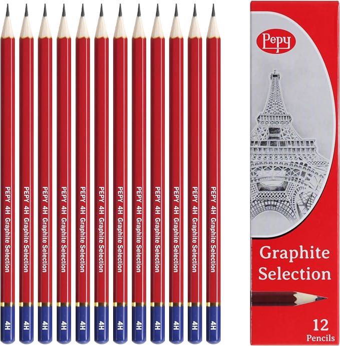Pepy Graphite Professional Drawing Pencils - Set of 12 4H Pre-Sharpened Black Lead Pencils; Perfect for Drawing, Sketching and Shading, Graphic and Fine Art