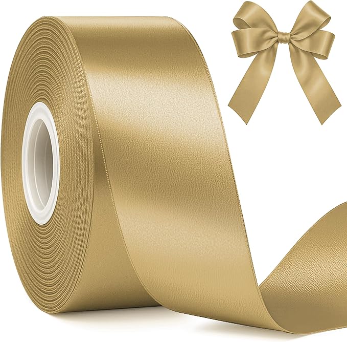 Fullive 1 1/2 Inch Champagne Gold Ribbon, 30 Yards Satin Ribbon, Polyester Satin Christmas Ribbon for Wedding Xmas Tree Graduate New Years Decorations DIY Bows Bouquet Gift Wrapping Christmas Favors