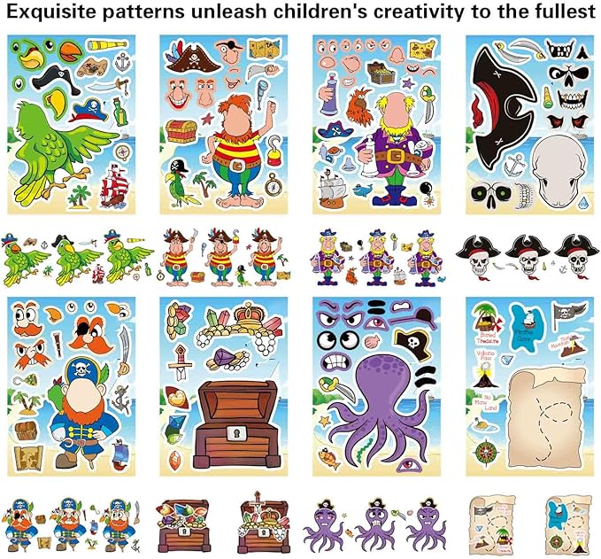 24 Sheets Pirate Stickers for Kids, Make Your Own Pirate Stickers, Make-a-face Stickers, Jolly Roger Stickers, Skull and Crossbones Stickers, Pirate Themed Party Decorations