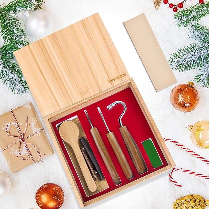 WAYCOM 12pcs Wood Whittling Kit Wood Carving Tools Set Hook Carving Knife,Detail Wood Knife,Whittling Knife Cut Resistant Gloves Leather Sheath And Bamboo Present Box For Spoon,Bowl,Cup