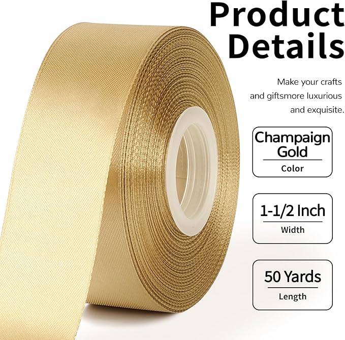 1-1/2 Inch Wide Champaign Gold Satin Ribbon, 50 Yards Solid Polyester Fabric Ribbon for Roses Making, Gift Wrapping, New Year Eve Party, Wedding Decorations, Crafts, Bows