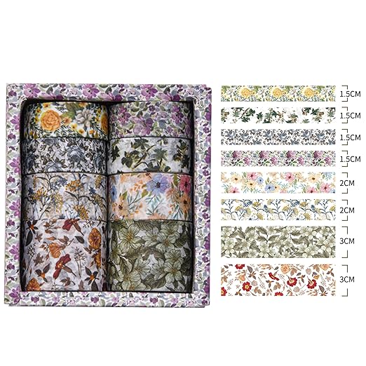 8 Rolls Retro Washi Tape Set Vintage Arts Adhesive Tapes Wide Painting Patterned Decorative Masking Tape Sets for Craft, Kids, Scrapbook, DIY, Gift Wrapping (Flowers & Plants)