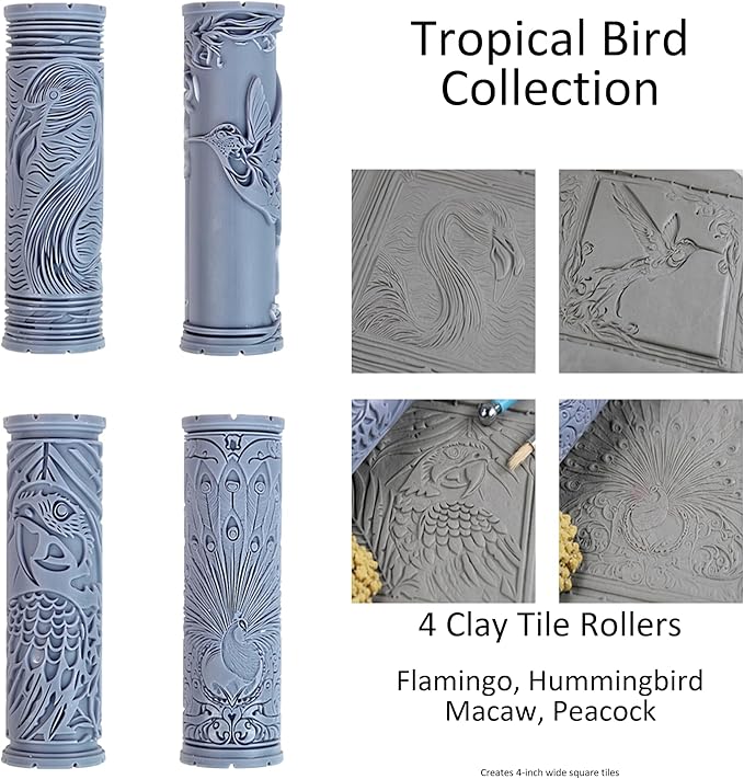 Tropical Bird Collection Clay Texture Rollers 4-Pack (4") - Bird Set #01 - Embossing Pattern Rollers for Polymer & Ceramic Clay, Pottery & Crafts