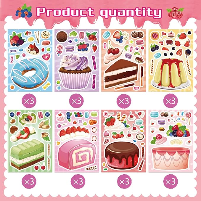 24 Sheets Make a Cake Sticker for Kids, Make Your Own Dessert Mix and Match Stickers with Cupcakes, Puddings, Swiss Rolls, Fruit & Sweets Stickers for Classroom Birthday Parties Supplies Crafts