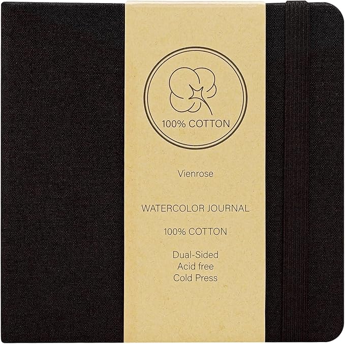 Vienrose Watercolor Sketchbook, 5.5"x5.5" Watercolor Journal with 24 Sheets 140 LB (300 GSM) Cotton Watercolor Paper, Black Linen Cover Watercolcr Sketch Book As Travel Notebook Mixed Media Pad