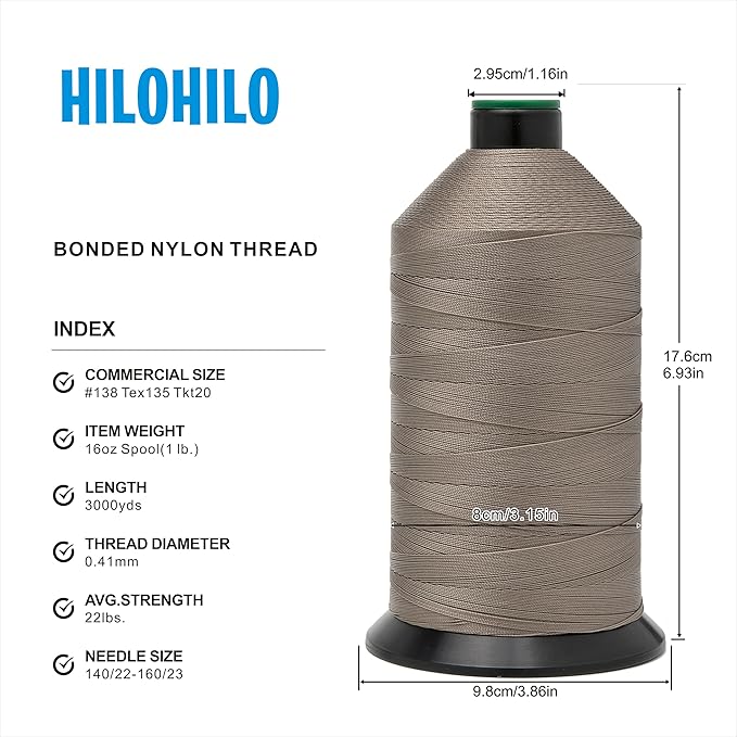 Extra Strong Bonded Nylon Thread #138 Tex135 – 16 OZ, 3000yds, Versatile Stitching Solution for Leather, Upholstery, Canvas Repair and More (Khaki)