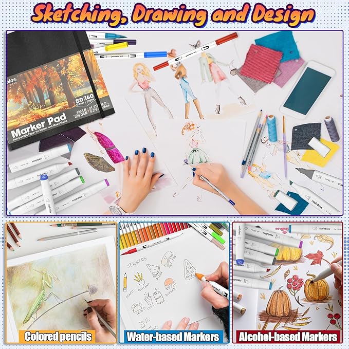 Halobios Square Sketchbook for Drawing, 120 lb/200 GSM Mixed Media Sketchbook, 80 Sheets/160 Pages Portable Marker Drawing Paper Sketch Book for Alcohol Markers, Artists, Beginners（8.3”x8.3”）
