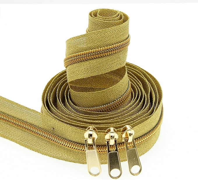 5# Gold Metallic Nylon Coil Zippers by The Yard, Bulk Gold Zipper Tape 10 Yards with 20Pcs Pulls for DIY Sewing Craft Bags YIGUANXIN