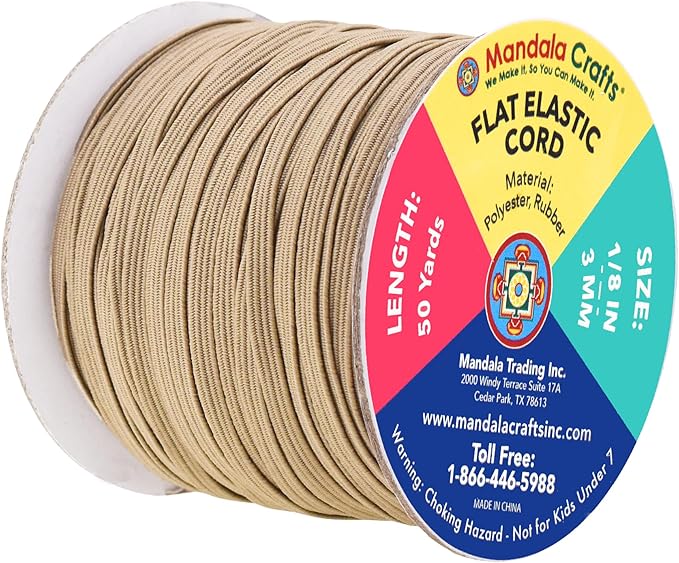 Mandala Crafts 3mm 50 Yds Roll of Khaki Elastic Bands for Sewing - 1/8 Flat Elastics Cord - 1 8 Inch Braided Stretch Straps for Crafting