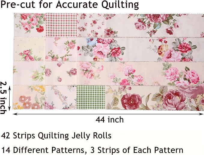 Hanjunzhao Jelly Roll Fabric Strips for Quilting, Crafting, and Sewing, 42 Strip Jelly Rolls Fabrics Clearance, Soft Cotton for Blanket, Rug, Upholstery, Home Decor, and Purse Making, Vintage Floral