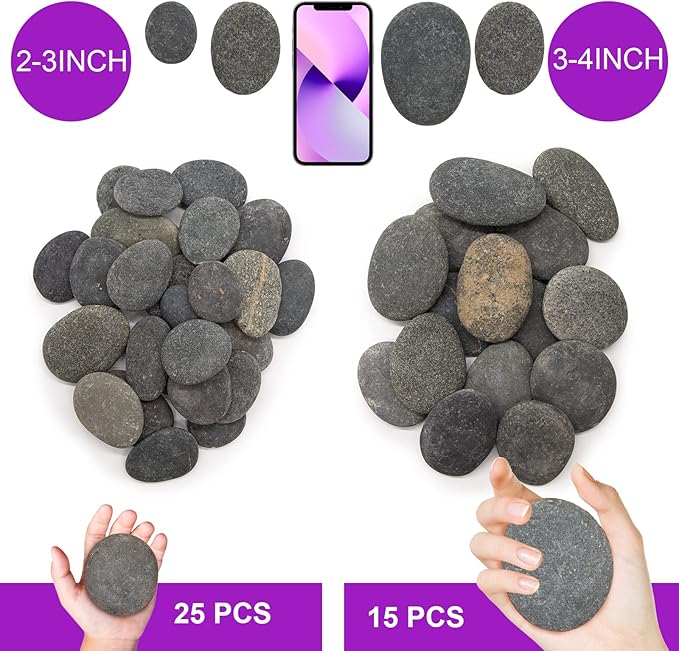 40 Pcs Large Rocks for Painting 25pcs 2-3” & 15pcs 3-4” River Rocks for Painting Natural Flat & Smooth Rocks for Painting for Kids & Adult Craft Gift