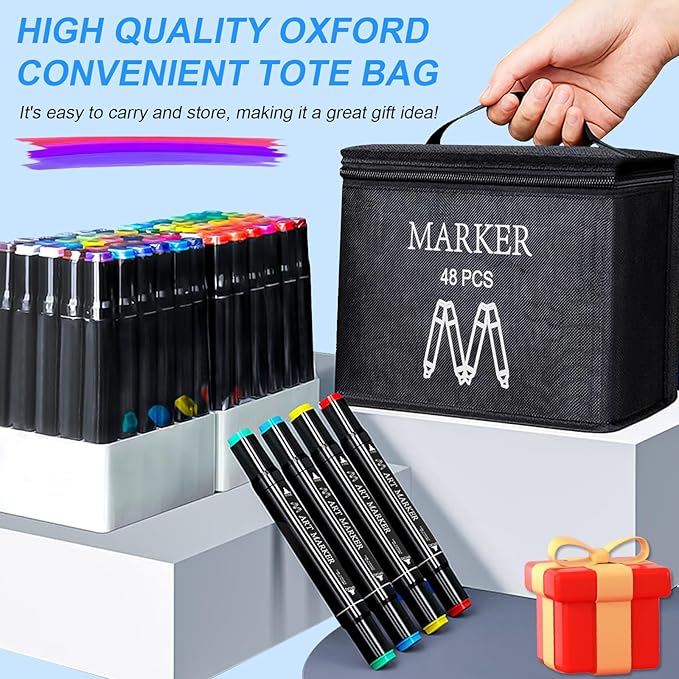 Alcohol Markers, 48 Colors Dual Tip Art Markers Set for Kids Adult Coloring, Sketching Drawing Permanent Coloring Marker, Alcohol Based Marker Artist Pens With Carry Case (48)