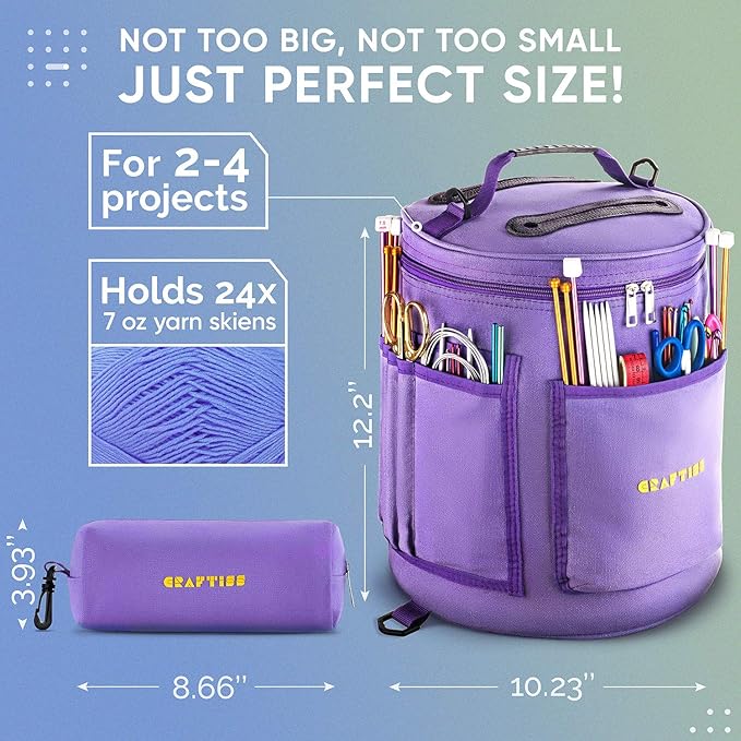 CRAFTISS Knitting Bag Yarn Storage - Christmas Gift - Durable Canvas Yarn Holder for Crochet Accessories - Organizer Crochet Bag with Knitting Accessories Case (Purple)