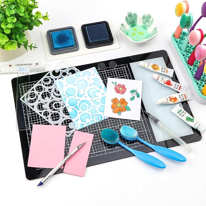 9Pcs/SetMagnetic Glass Craft Mat Set; 15.75"x10.24"Heat Resistant Glass Media Cutting Mat W/MagnetsGridlines and measurements; for Cutting, Stamping, Mixed Media, Heat Embossing and Hot Glue Projects