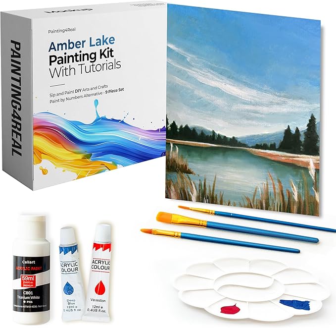 Painting4Real DIY Art Painting Kit for Adults – Learn to Paint Amber Lake with Video Tutorials – 9 Pieces Acrylic Paint Set for Adults –Perfect Christmas Crafts & Holiday Gifts for Art Lovers