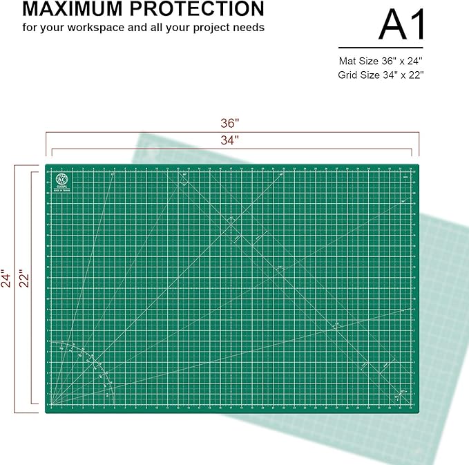 KC GLOBAL A1 (36"x24") Self-Healing Cutting Mat (Dark Green) - Sturdy, Reversible, Eco-Friendly, Non-Slip. Premium Desk Mat for Crafters, Quilters, and Hobbyist