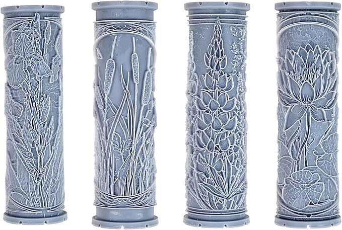 Water’s Edge 4-Pack Clay Texture Rollers (4") - Flower Set #02 - Embossing Pattern Rollers for Polymer & Ceramic Clay, Pottery & Crafts