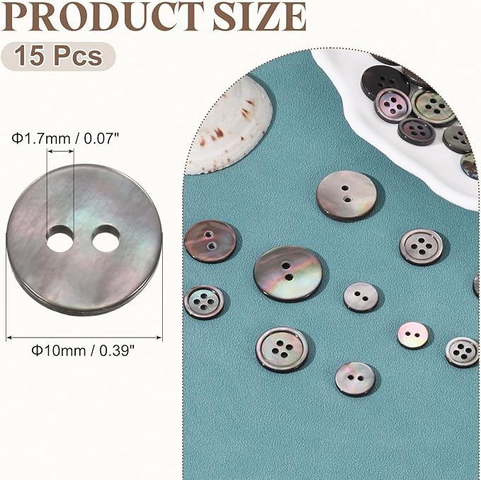 uxcell 15Pcs Natural Shell Button, 2 Hole 10mm Flat Mother of Pearl Buttons for Shirt Coats Suits Jacket Jeans Skirts DIY Sewing Crafts, Black/Silver