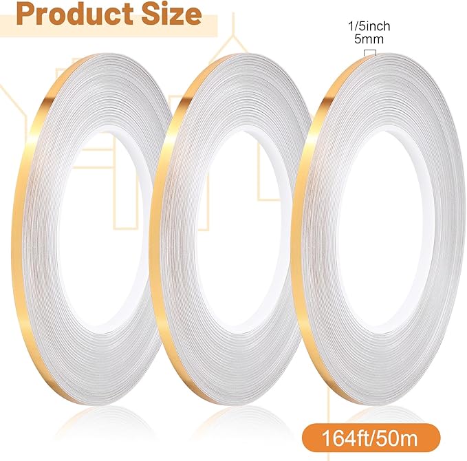 Zonon 3 Rolls 0.2" 0.4" 0.6" Gold Washi Tape 54.7 Yard Solid Foil Self Adhesive Polyester Film Metallic Tape for Detailing Graphic Arts for Crafts Walls Cars and Boats Trim(0.2'')