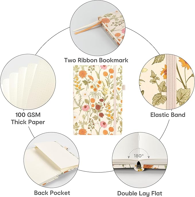 &And Per Se Dotted Journal Notebook for Women&Men with Pattern, A5 Leather Hardcover, 160 Pages 100GSM Thick Dotted Paper, 3 Sheets of Stickers Included, 5.7'' x 8'' (Wild Flowers)