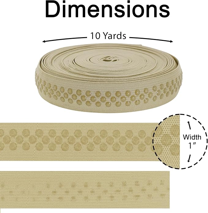 Mandala Crafts 1 Inch Elastic Silicone Gripper Tape for Clothing - 10 Yds Dotted Non Slip Elastic Band for Sewing - Beige Silicone Flat Fabric Stretchy Ribbon Straps