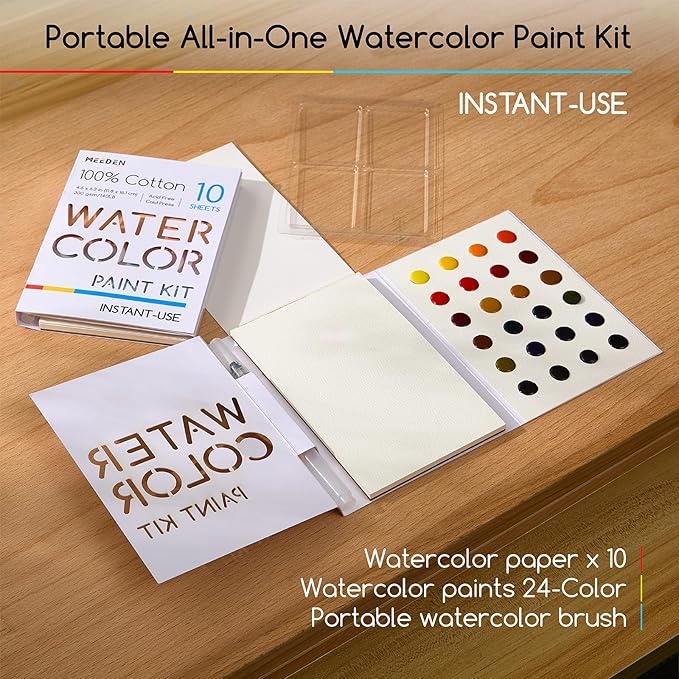 MEEDEN Watercolor Paint Set - 24 Colors Painting Supplies with 10 Watercolor Papers & Brush, Portable Art Paint Kit Perfect as Travel Set for Outdoor Artist