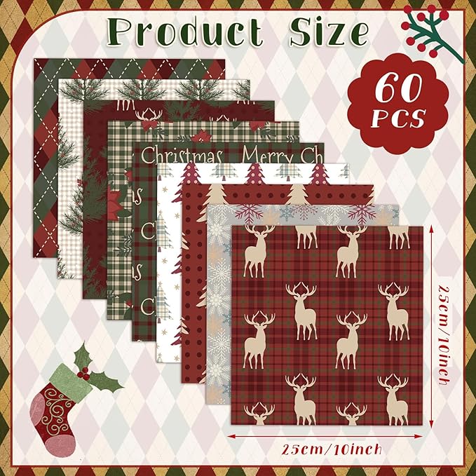 Oudain 60 Pcs 10 x 10 Inch Woodland Christmas Quilting Fabric Vintage Christmas Fat Squares Patchwork Precut Strips Reindeer Poinsettia Plaid Snowflake Fabric Bundles for Xmas Winter DIY Craft Sewing
