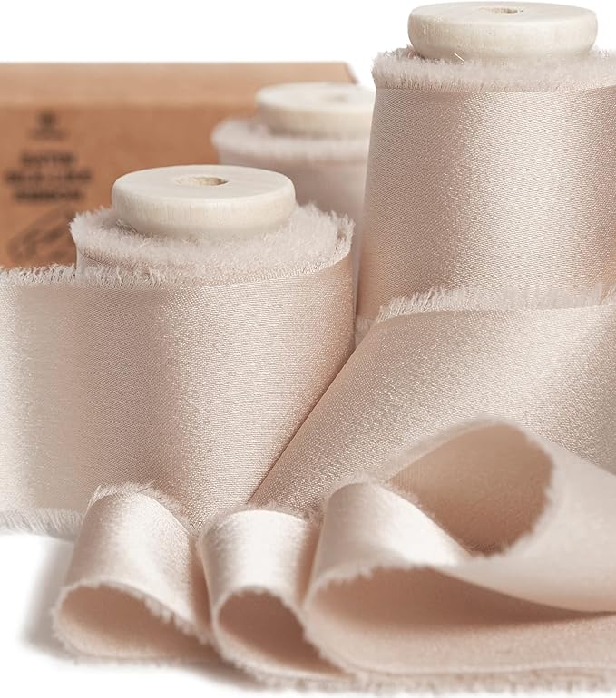 Vitalizart Silk Satin Ribbon 1-1/2 inch x 15 Yard Light Nude Handmade Frayed Ribbons for Gift Wrapping Baby Shower Wedding Bridal Bouquets Holiday Decor