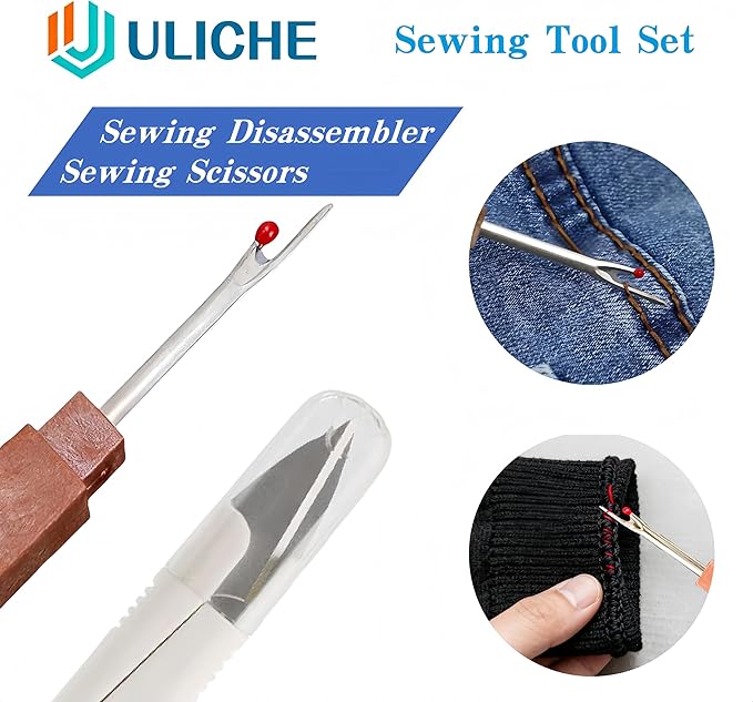 Uliche 38Pcs Big Eye Sewing Needles Kit, Stainless Steel Hand Sewing Needles with Thread Ripper, Threaders, Thread & Thimbles, Portable DIY Repair Tool Set