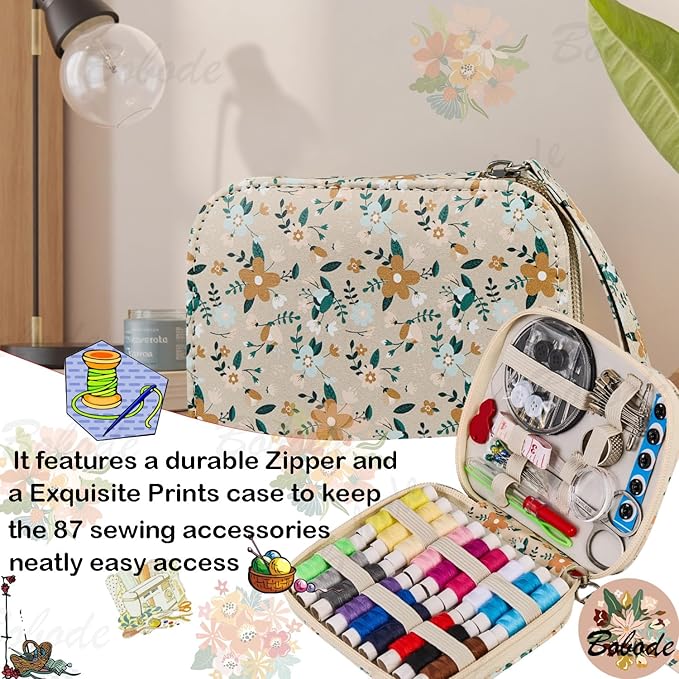 Arts Craft Sewing Kits Printing Sewing Kit Floral Pattern Sewing Set Professional Travel Sewing Supplies with 18 Colors Sewing Thread, Basic Sewing Accessory for Emergency, Home