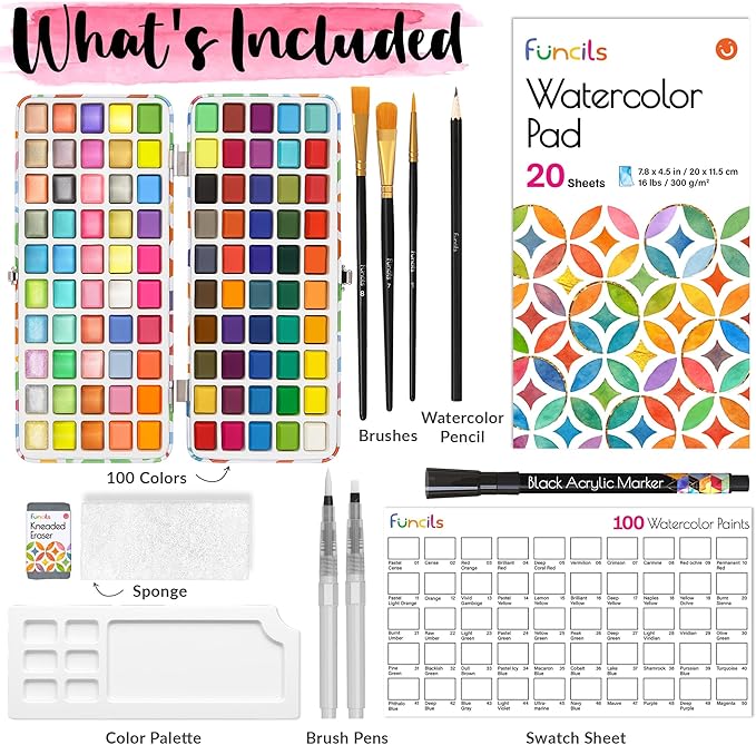 100 Watercolor Paint Set - Water Colors Paint for Kids, Adult, Beginners, Professional Artists | Watercolor Palette with Paper, Brushes, Pen | Travel Painting Kit, Art Supplies for Adults