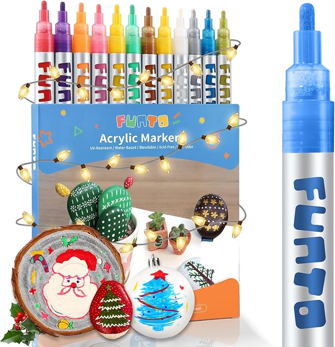 Funto Acrylic Paint Pens for Rock Painting, Fabric, Wood, Canvas, Metal, Ceramic, Glass, 12 Colors Paint Marker Set, Non-Toxic, Quick Drying