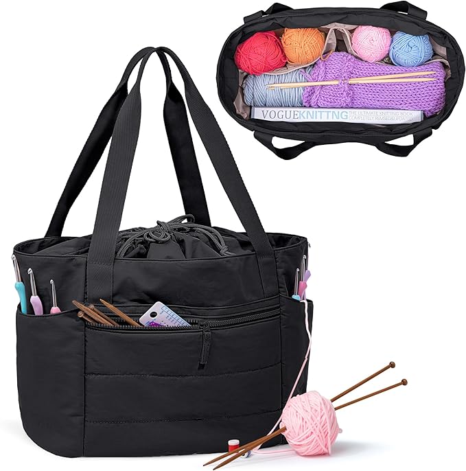 Teamoy Large Knitting Bag Tote, Puffer Yarn Storage Bag, Drawstring Crochet Bag Organizer for Yarn Skeins and Crocheting Supplies, Black