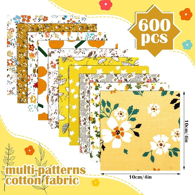 Kinlop 600 Pcs 4 x 4 Inch Cotton Fabric Square Precut Quilting Squares Printed Floral Patchwork Fabric Bundles for DIY Craft Sewing Clothing Accessory(Yellow)