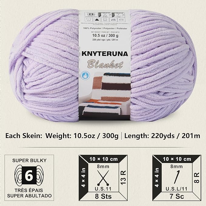 #6 Super Bulky Blanket Yarn for Crocheting - 4 Skeins(Each 10.5oz/300g, 220yds/201m), Chunky Chenille Thick Plush Big Soft Yarn for Crocheting Knitting Blankets, Lavender Fog