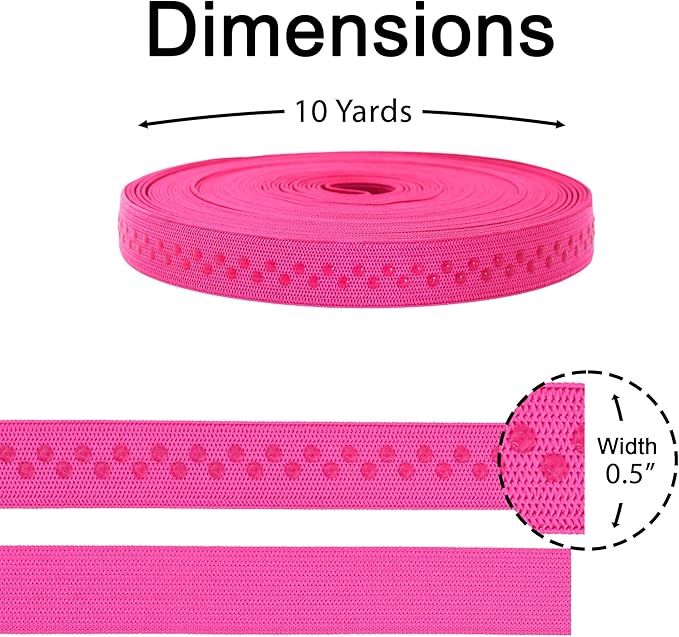Mandala Crafts 0.5 Inch Elastic Silicone Gripper Tape for Clothing - 10 Yds Dotted Non Slip Elastic Band for Sewing - Hot Pink Silicone Flat Fabric Stretchy Ribbon Straps