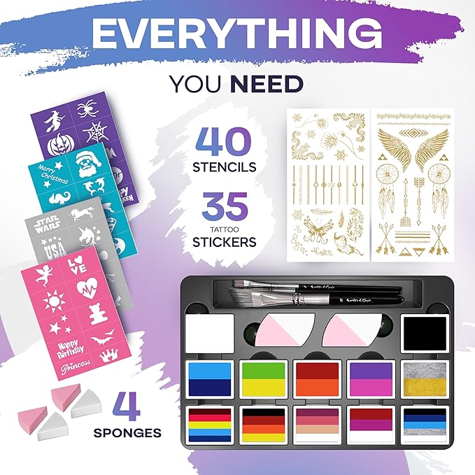 Face Paint Kit for Kids – 12 Vibrant Split Cake Colors, 40 Reusable Stencils, Brushes, Sponges & Tattoo Sheets – Non-Toxic, Paraben-Free, Easy to Apply & Wash Off – Perfect for Parties & Halloween.